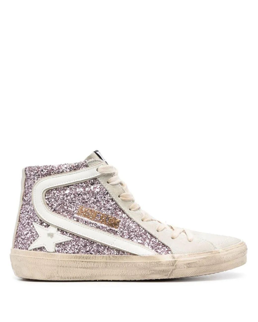 Golden Goose Deluxe Brand White "Slide" Glitter Upper Suede Toe Shiny Leather Star And Wa