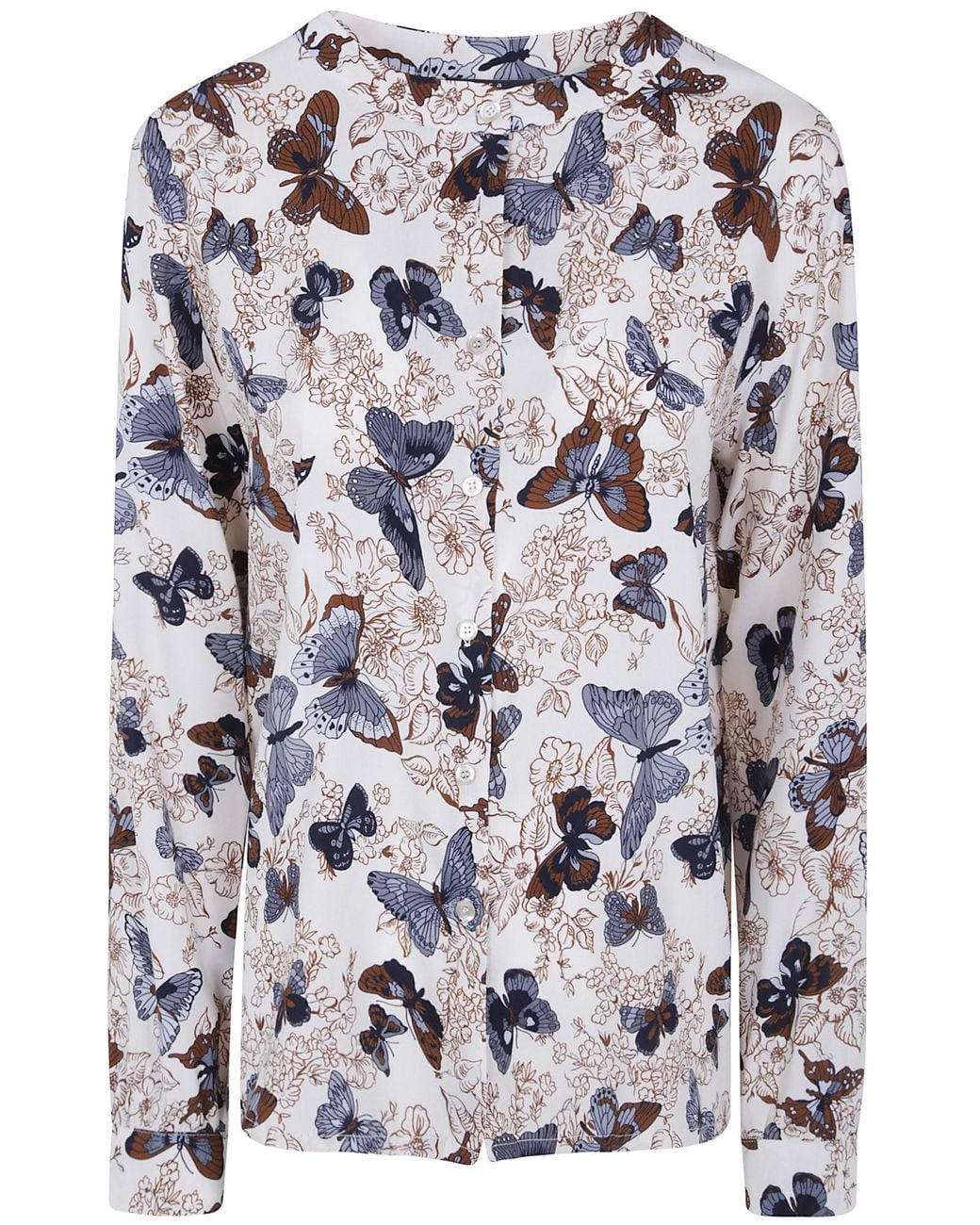 Laura Urbinati White Shirt Butterfly Print Mandarin Collar