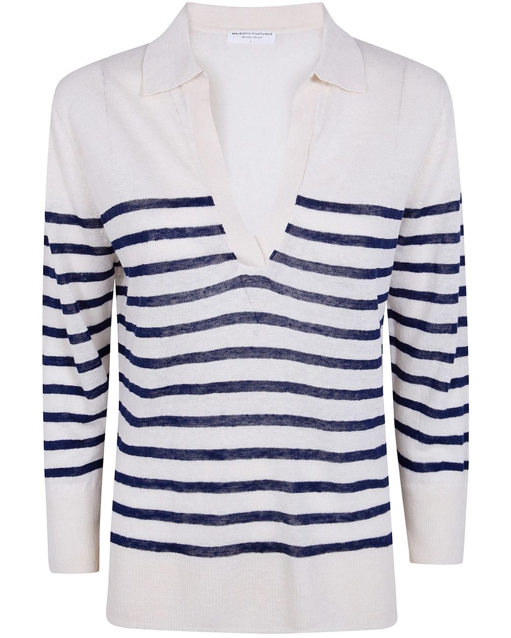 Majestic White Oversized Linen 100 Stripes Polo Shirt