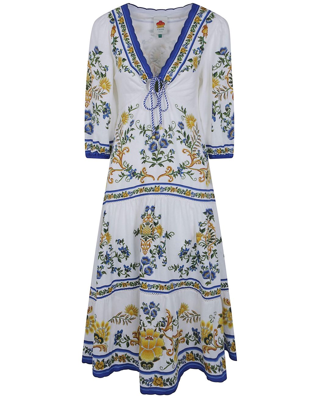 Farm Rio White Floral Print Midi Dress With V-Neck Drawstring And Wide Three-Quarter Sleeves