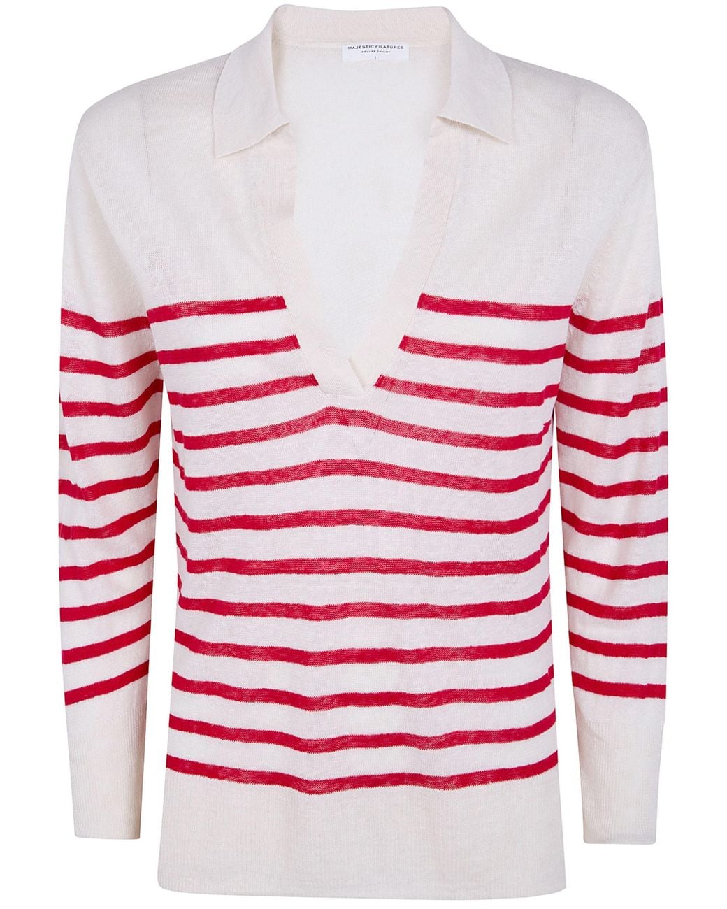 Majestic Red Oversized Linen 100 Stripes Polo Shirt