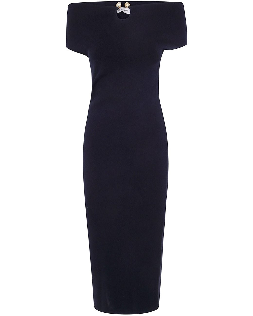 Alberta Ferretti Blue Off-The-Shoulder Midi Dress With Pearl Accents