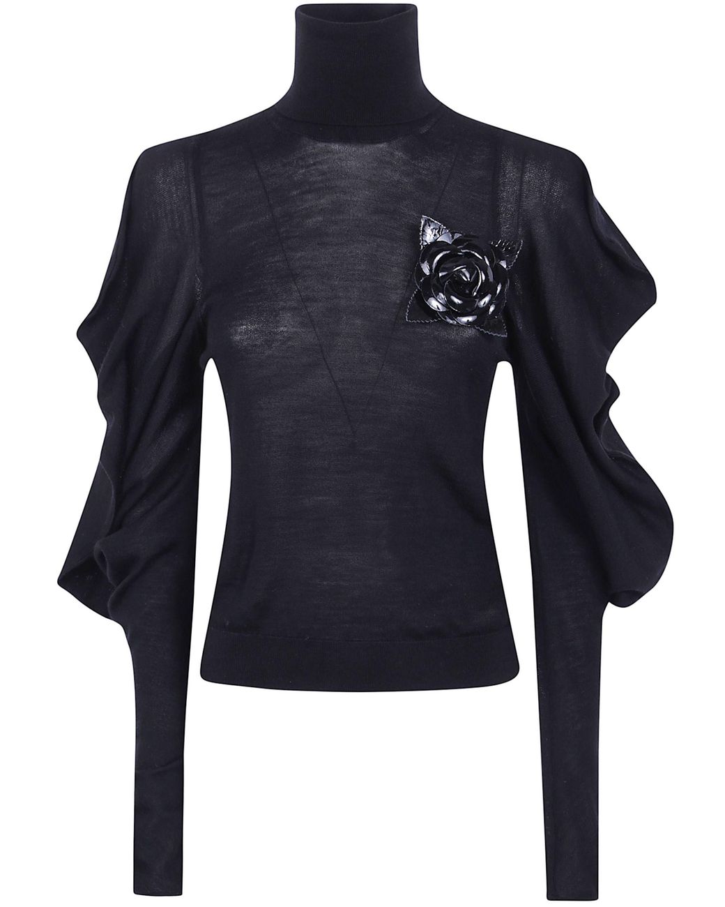 Blumarine Blue High-Neck Sweater With Flower Brooch
