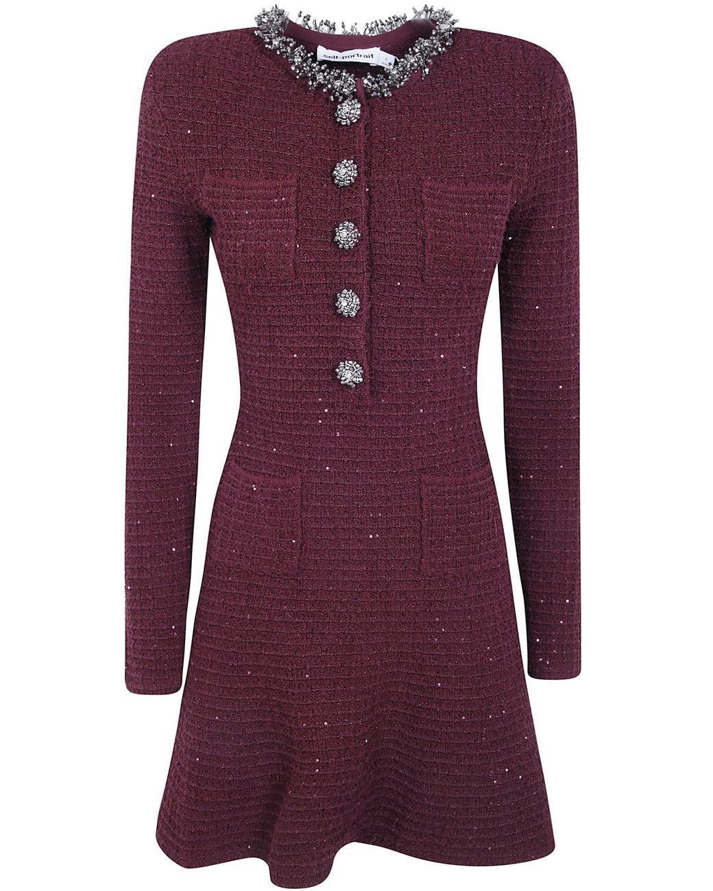 Self-Portrait Purple Mini Dress Textured Knit "Burgundy Textured Knit Embelli