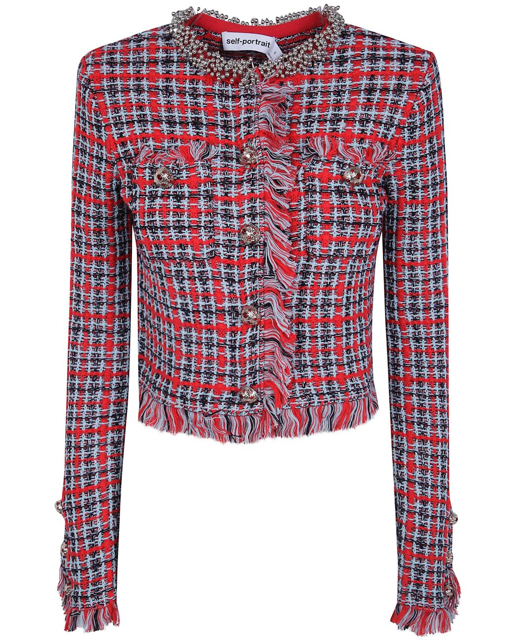 Self-Portrait Red Check Frayed Knit Jacket