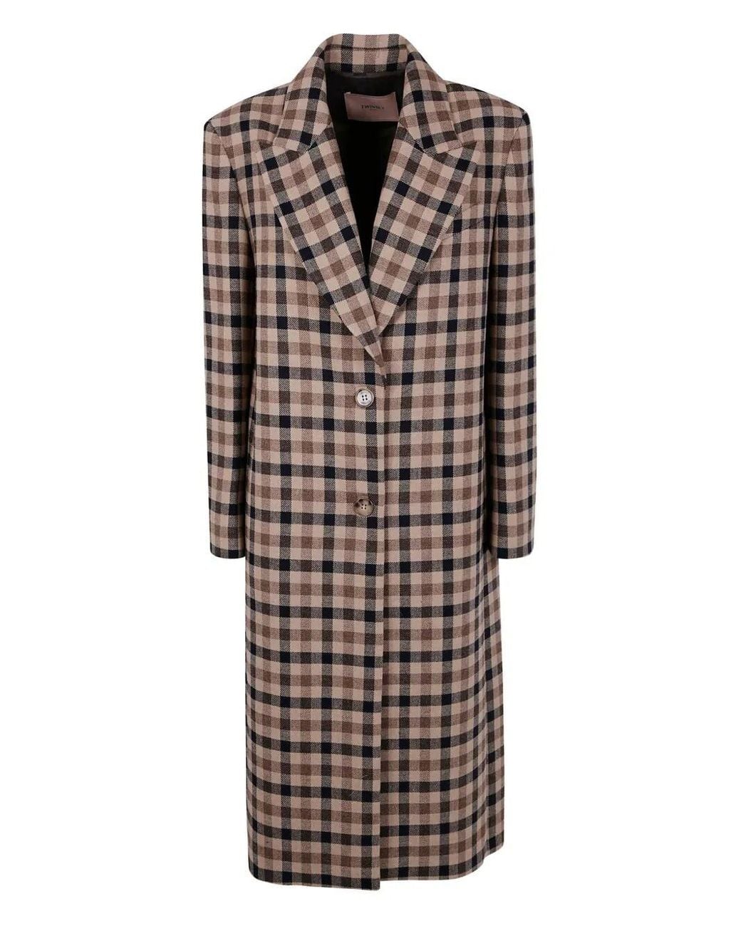 Twinset Classic Check Coat in Brown | Lyst