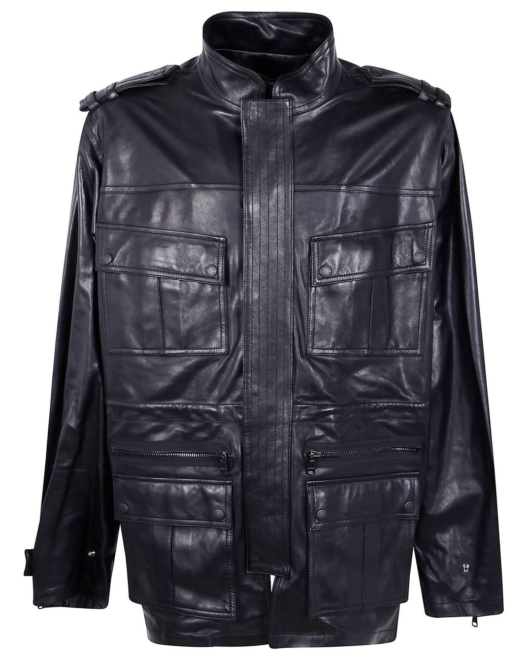 Balmain Black Lambskin Leather Mid Length Parka for men