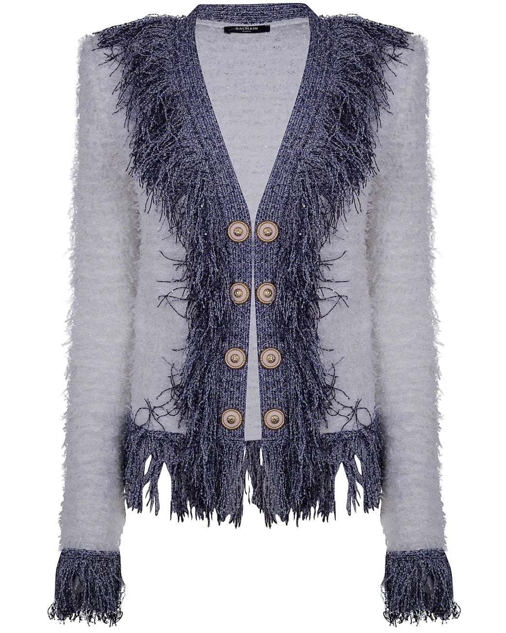 Balmain Blue Collarless Glittered Fringed Tweed Jkt