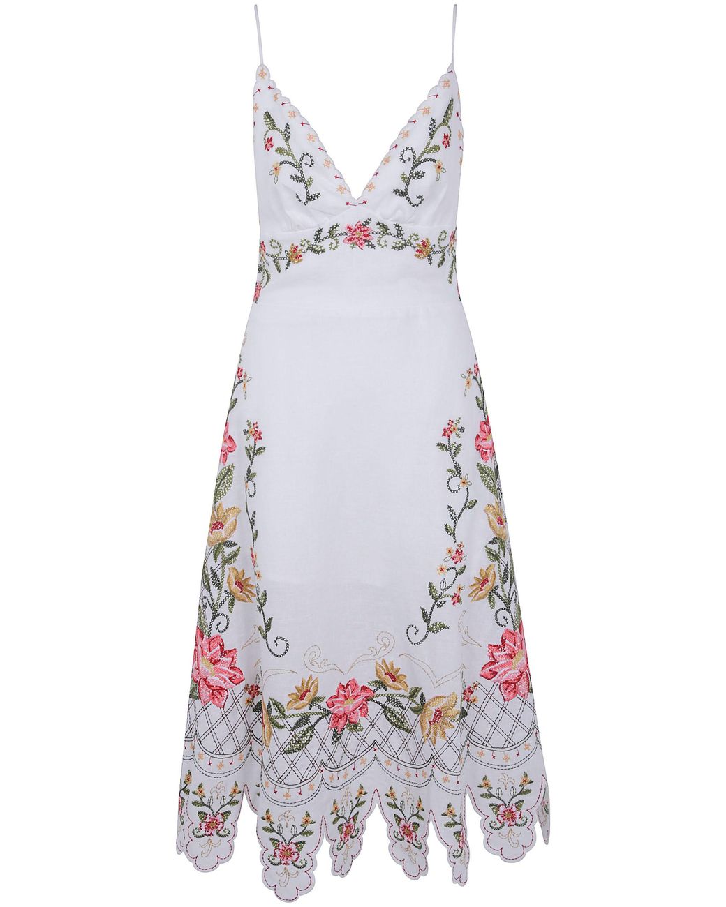 Farm Rio White "Flower Embroidery" Sleeveless Midi Dress