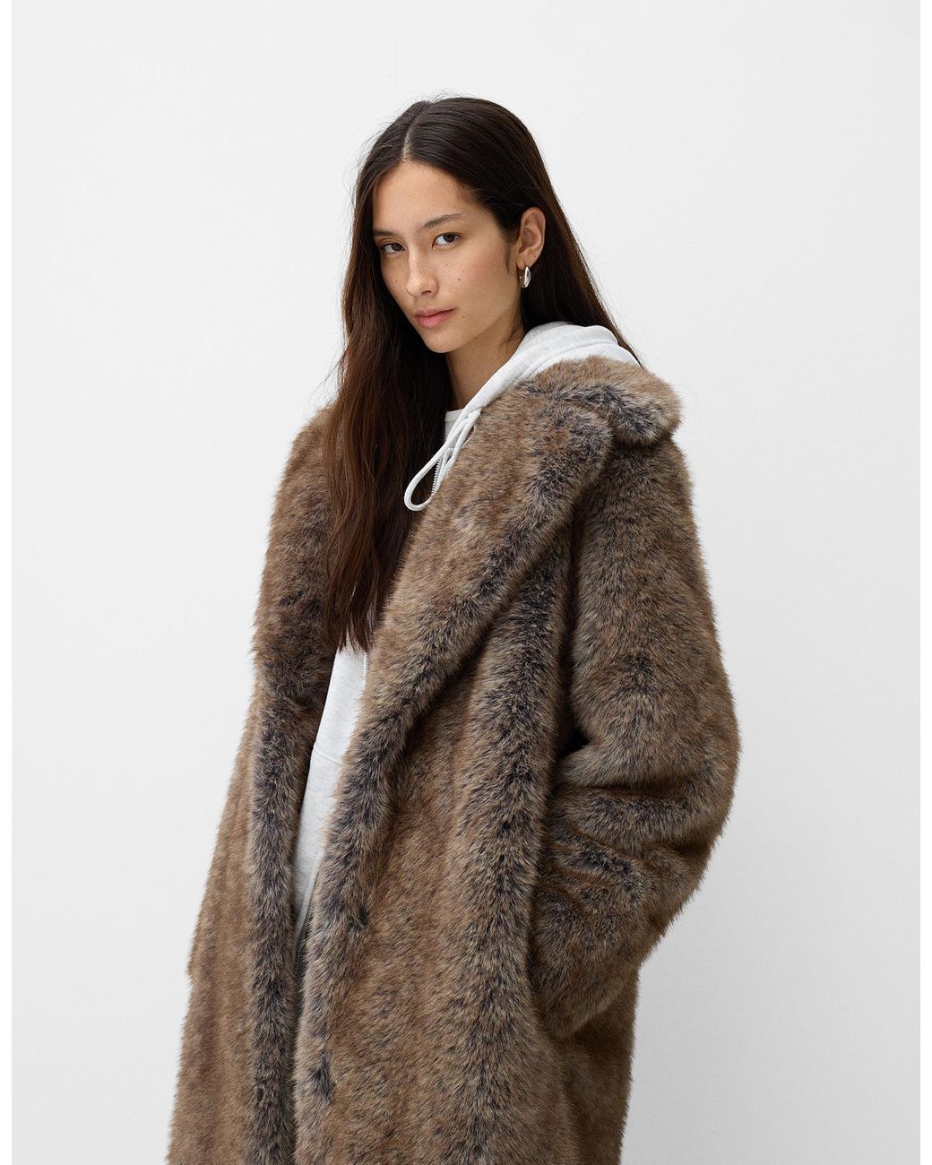 Bershka Long Faux Fur Coat in Brown Lyst