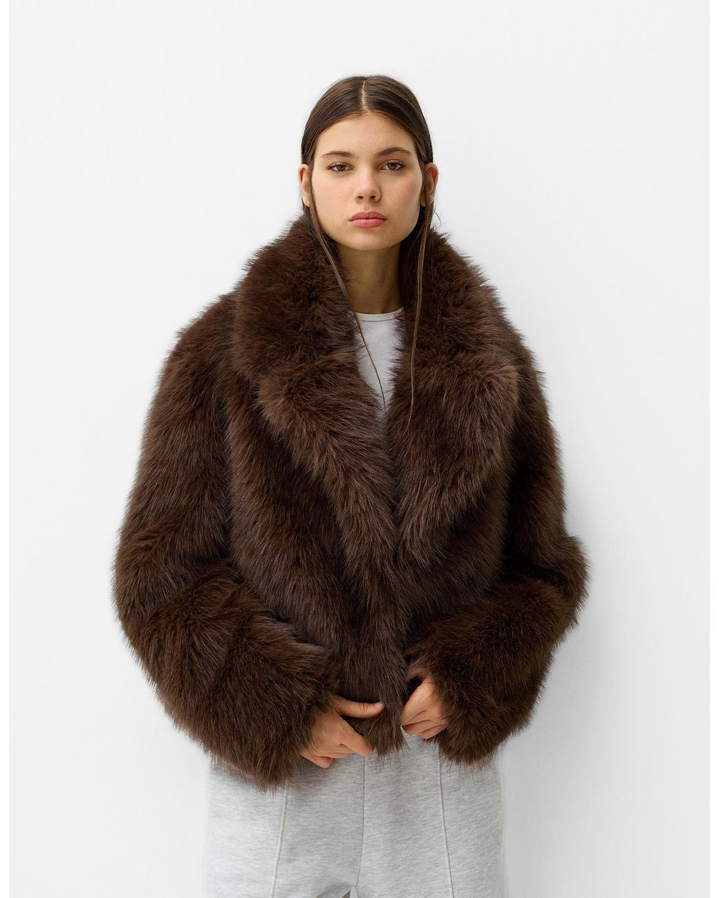 Bershka Faux Fur Jacket With Lapel Collar in Brown Lyst