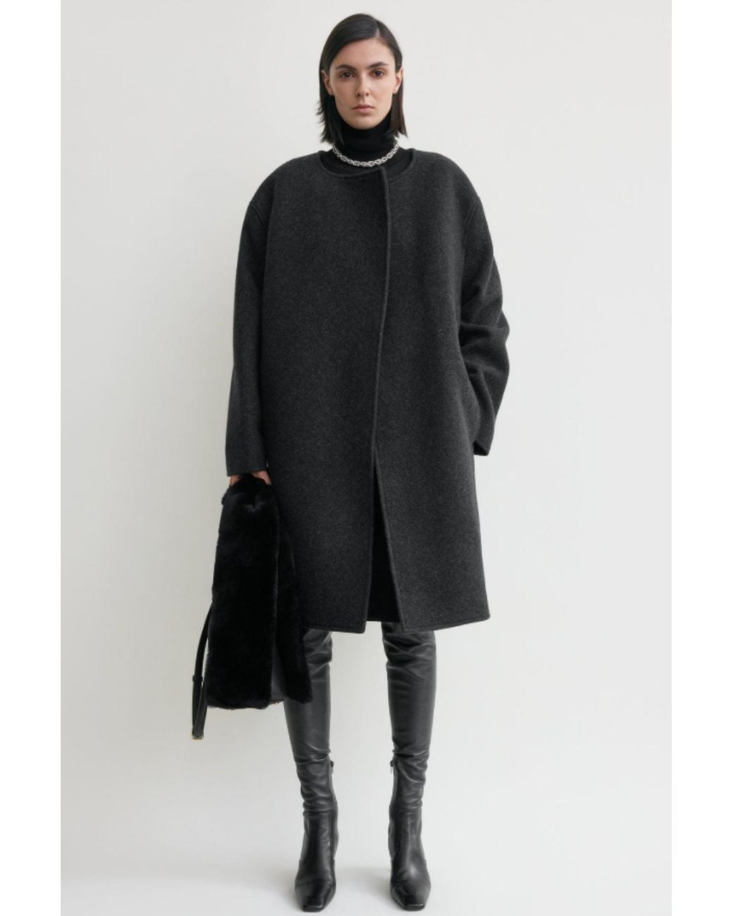 Totême Black Collarless Felt Coat