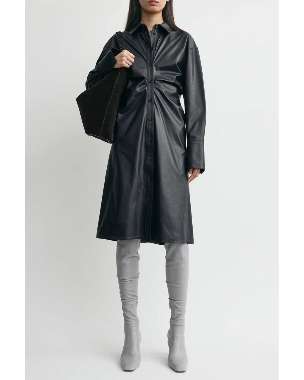 Totême  Black Leather Slouch Shirtdress