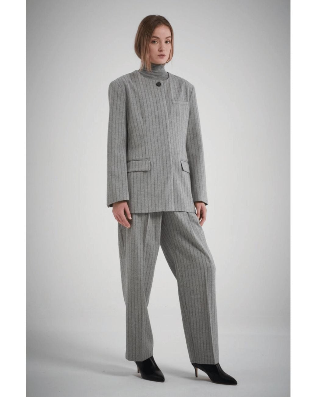MARCÉLA LONDON Gray Gal Wool Collarless Jacket Pinstripe