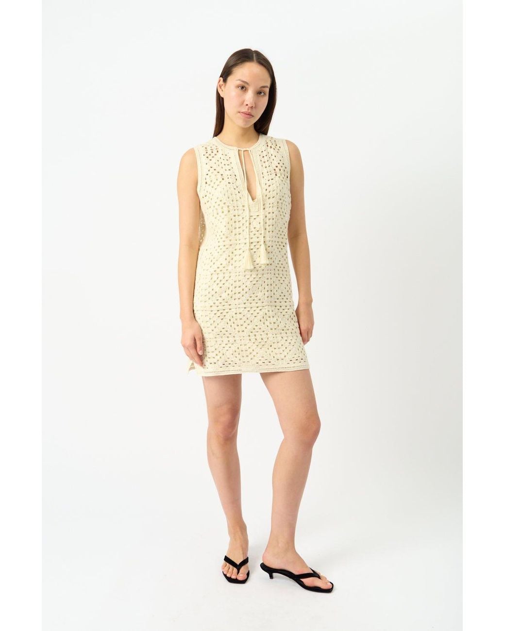 FRAME Natural Crochet Tassel Popover Dress