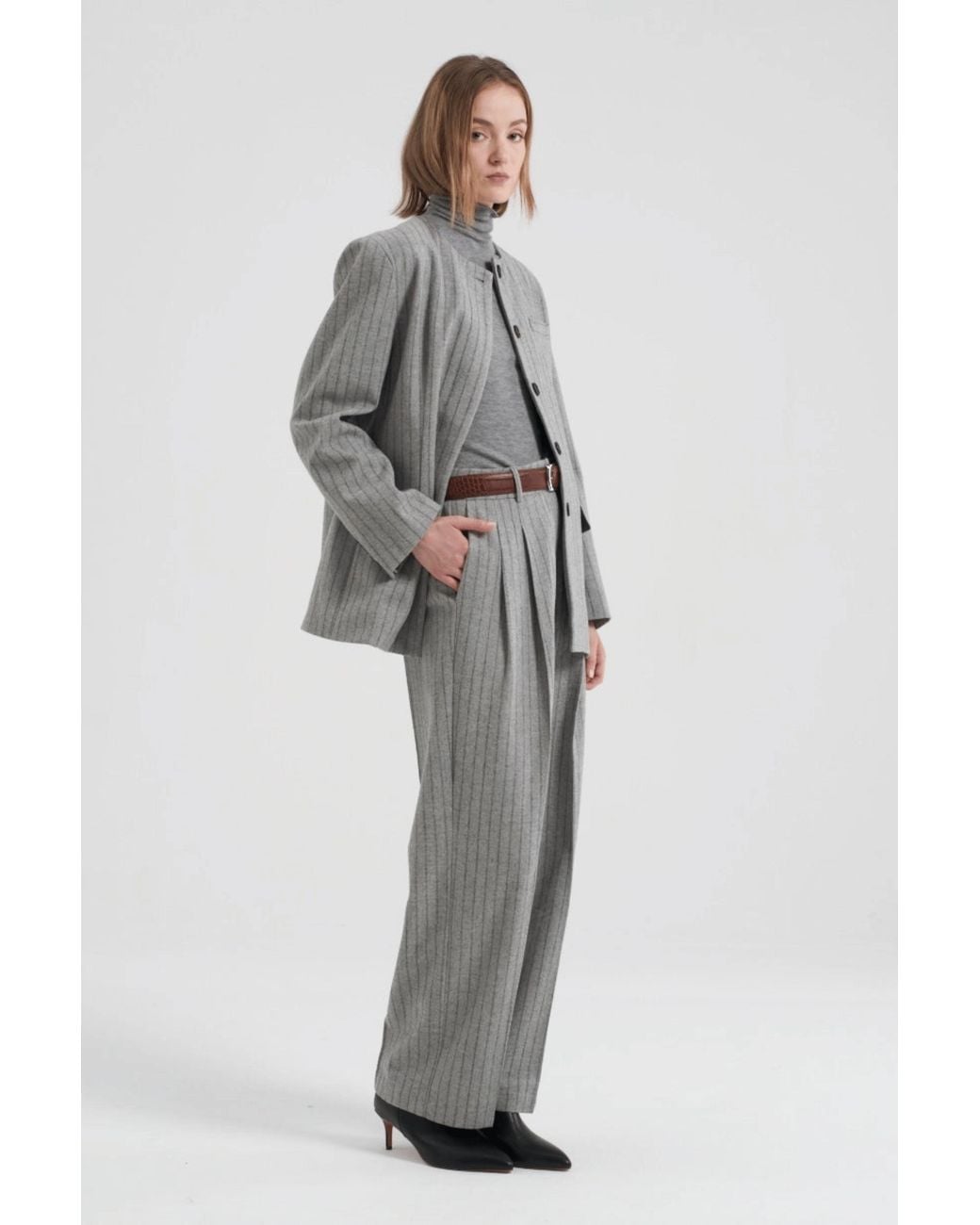 MARCÉLA LONDON Gray Gal Wool Collarless Jacket Pinstripe