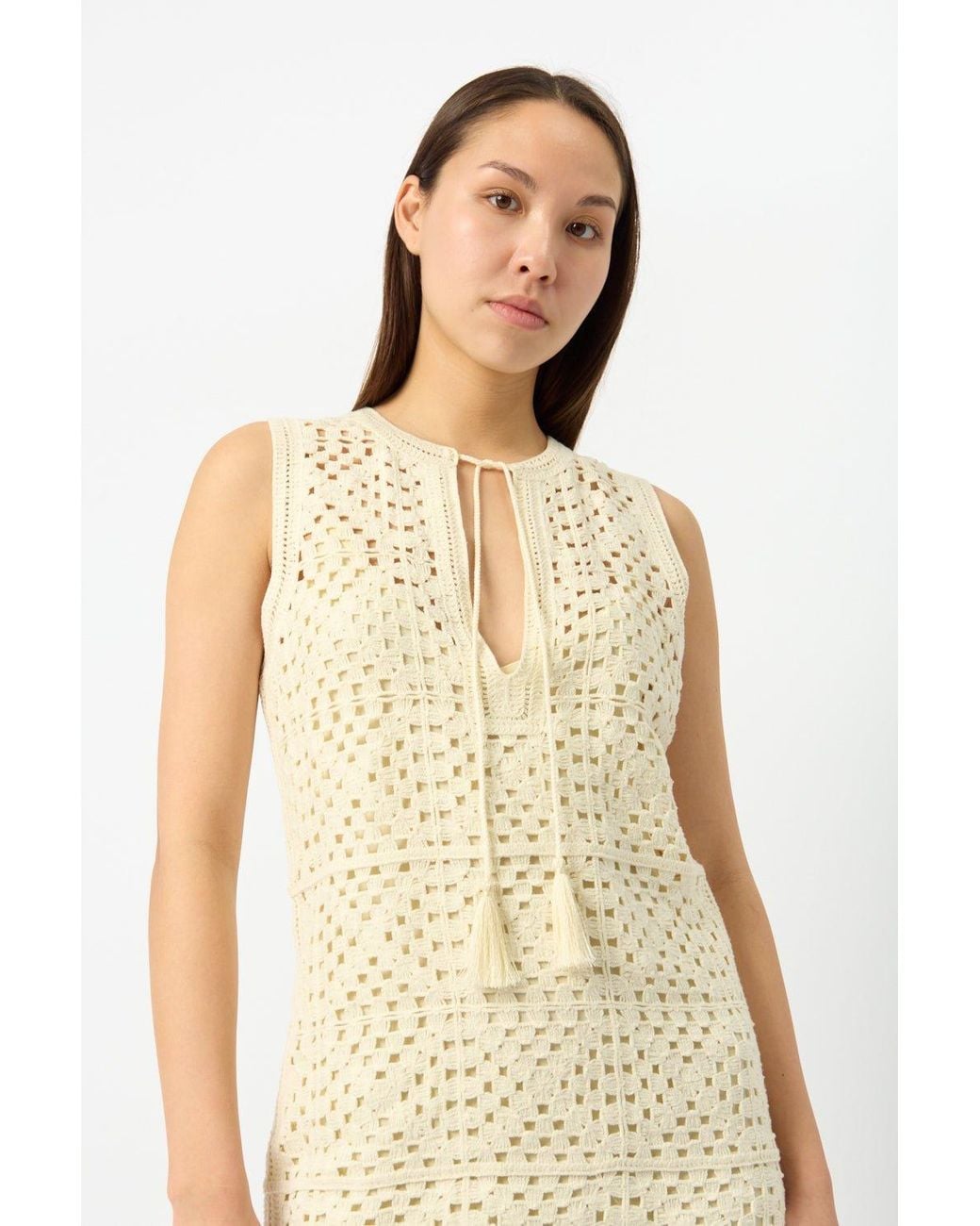 FRAME Natural Crochet Tassel Popover Dress