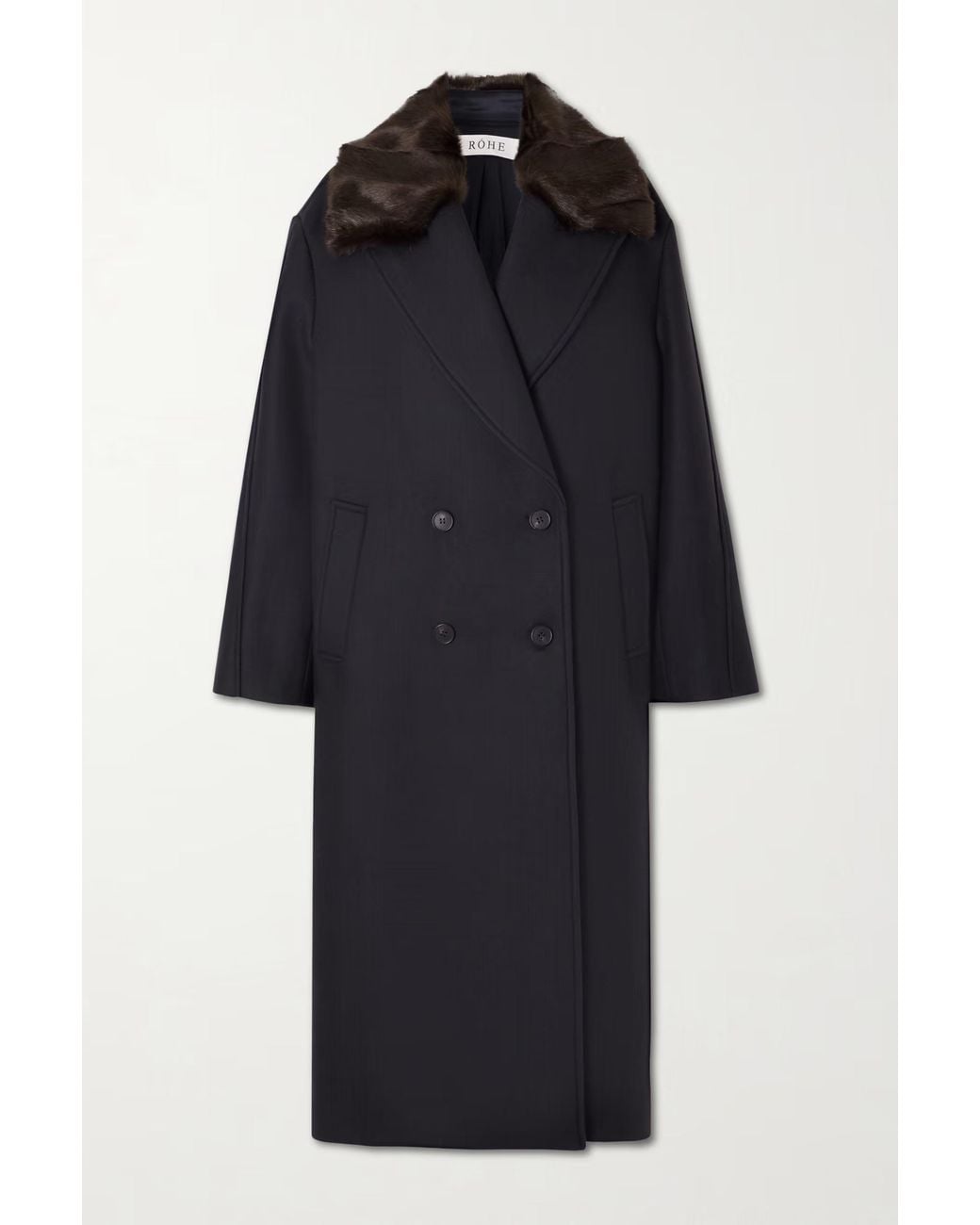 Rohe Black Double-Breasted Coat With Faux Fur Collar