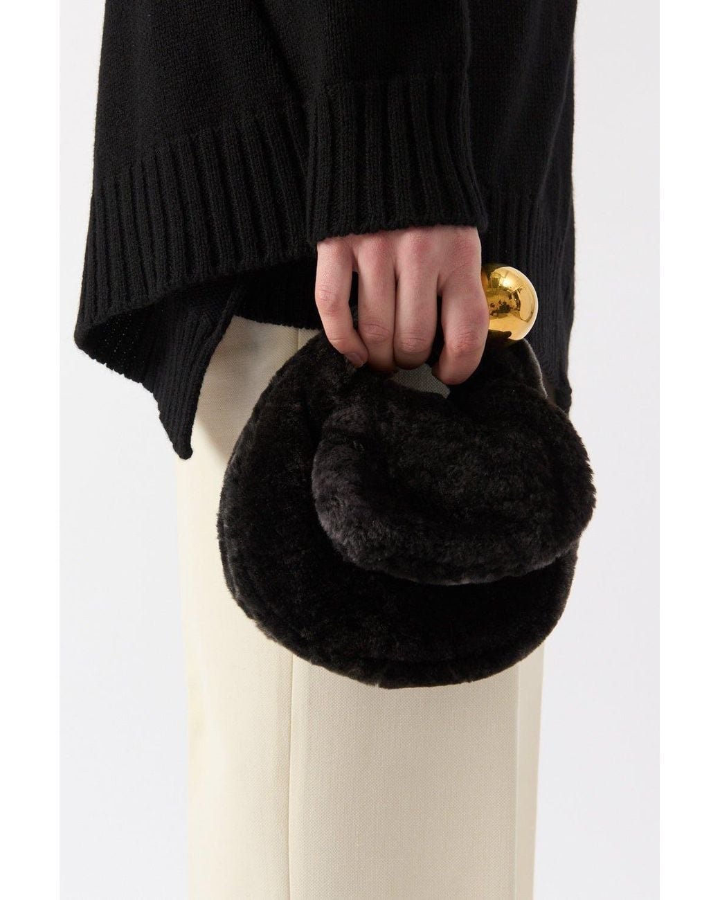 Jil Sander Black Shearling Sphere Clutch Bag