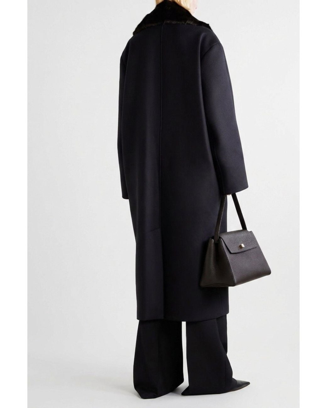 Rohe Black Double-Breasted Coat With Faux Fur Collar