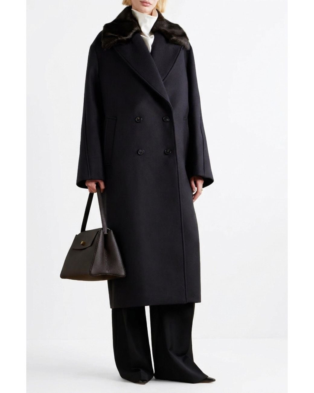 Rohe Black Double-Breasted Coat With Faux Fur Collar