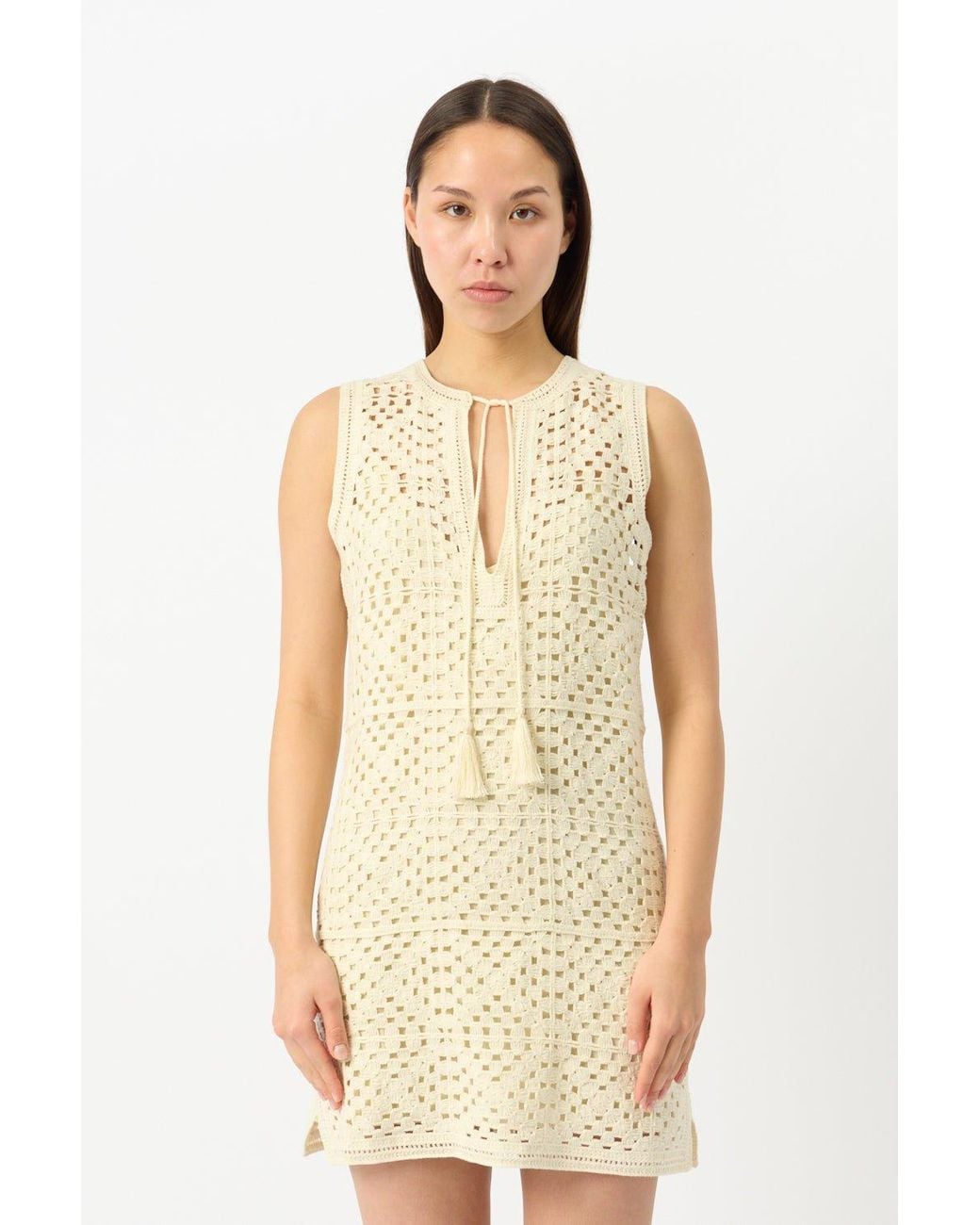 FRAME Natural Crochet Tassel Popover Dress