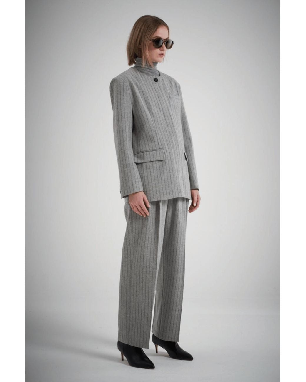 MARCÉLA LONDON Gray Gal Wool Collarless Jacket Pinstripe