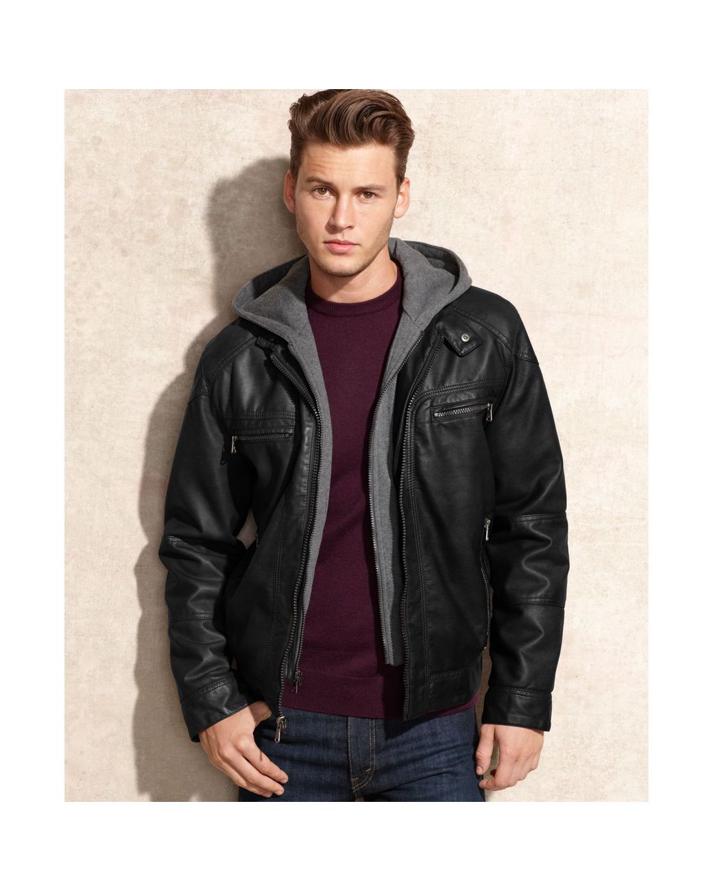 Mens Black Leather Jacket With Hoodie