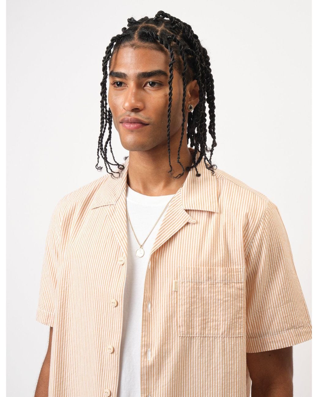 BHODE Natural Cuca Seersucker Stripe Short Sleeve Shirt for men