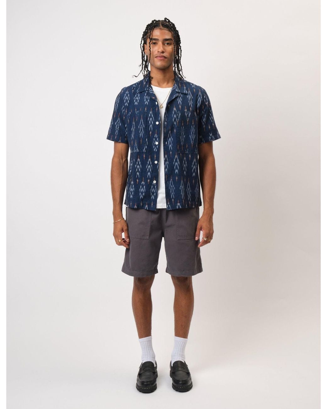 BHODE Blue Ikat Short Sleeve Shirt (Hand Loom) for men