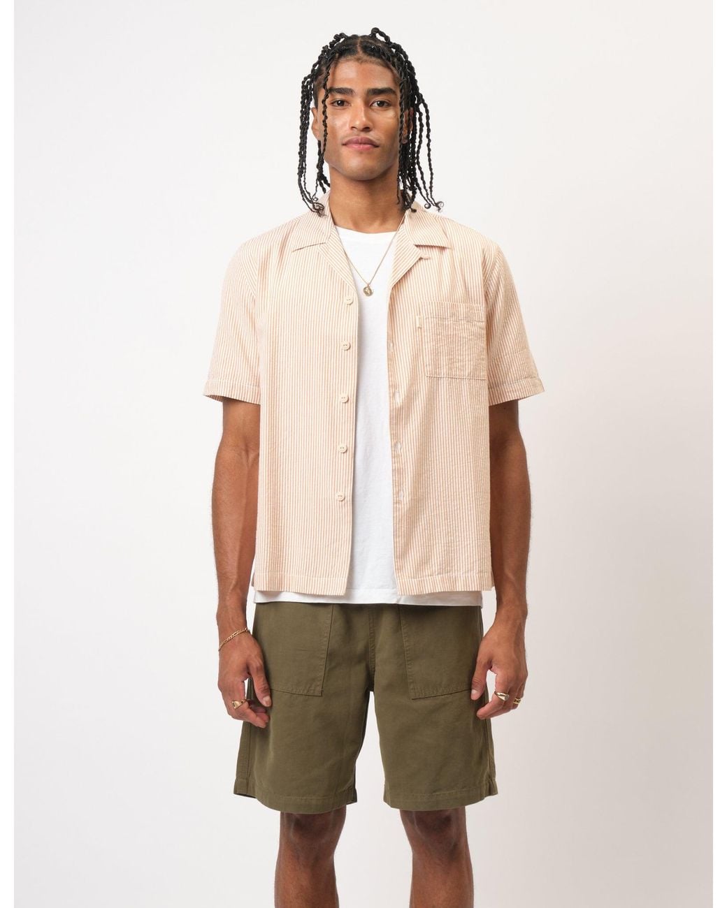 BHODE Natural Cuca Seersucker Stripe Short Sleeve Shirt for men