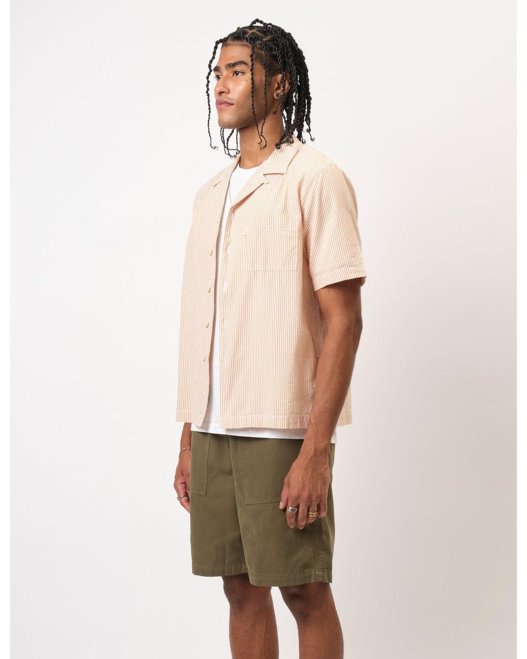 BHODE Natural Cuca Seersucker Stripe Short Sleeve Shirt for men