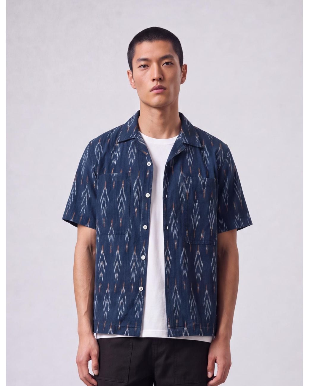BHODE Blue Ikat Short Sleeve Shirt (Hand Loom) for men