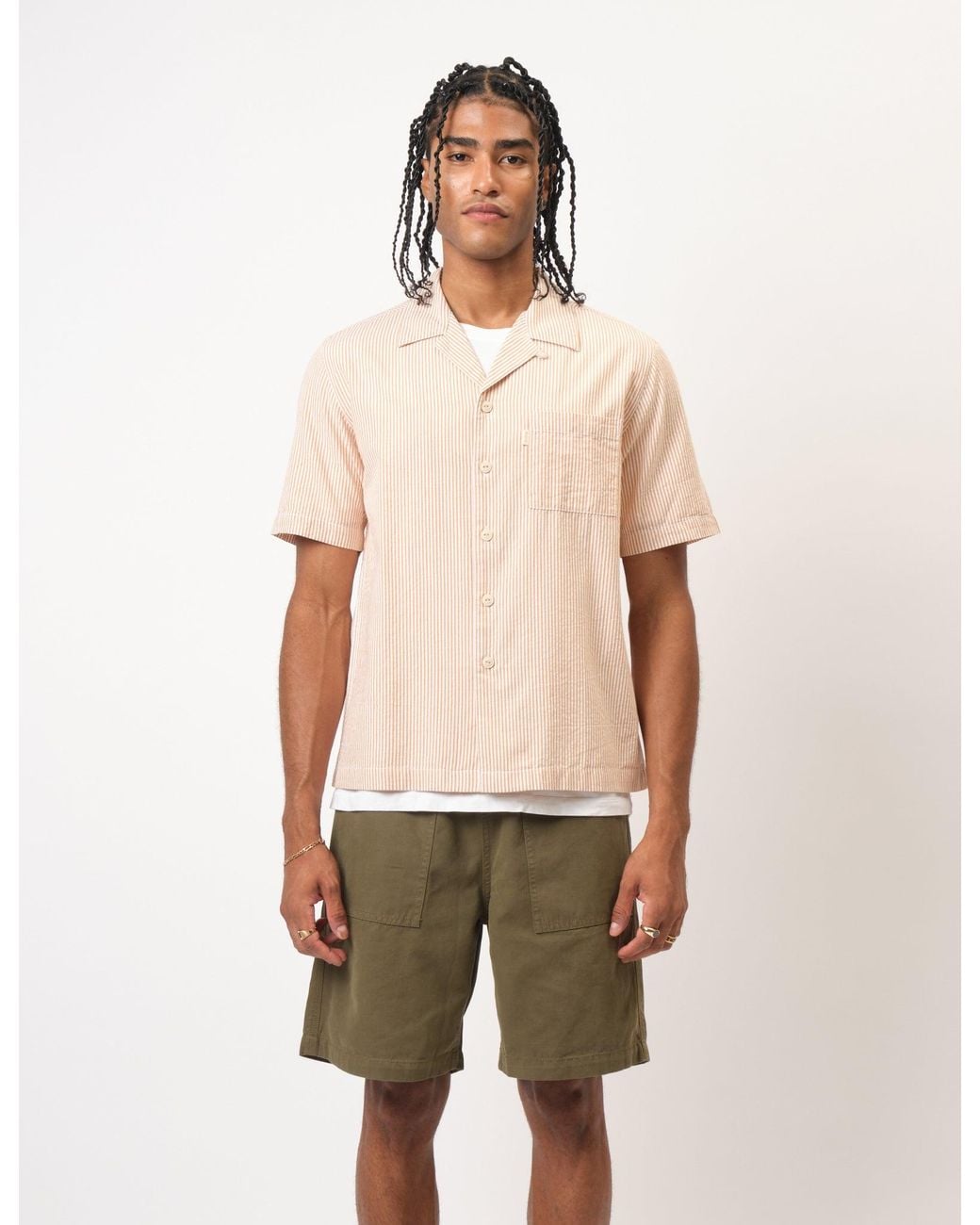 BHODE Natural Cuca Seersucker Stripe Short Sleeve Shirt for men