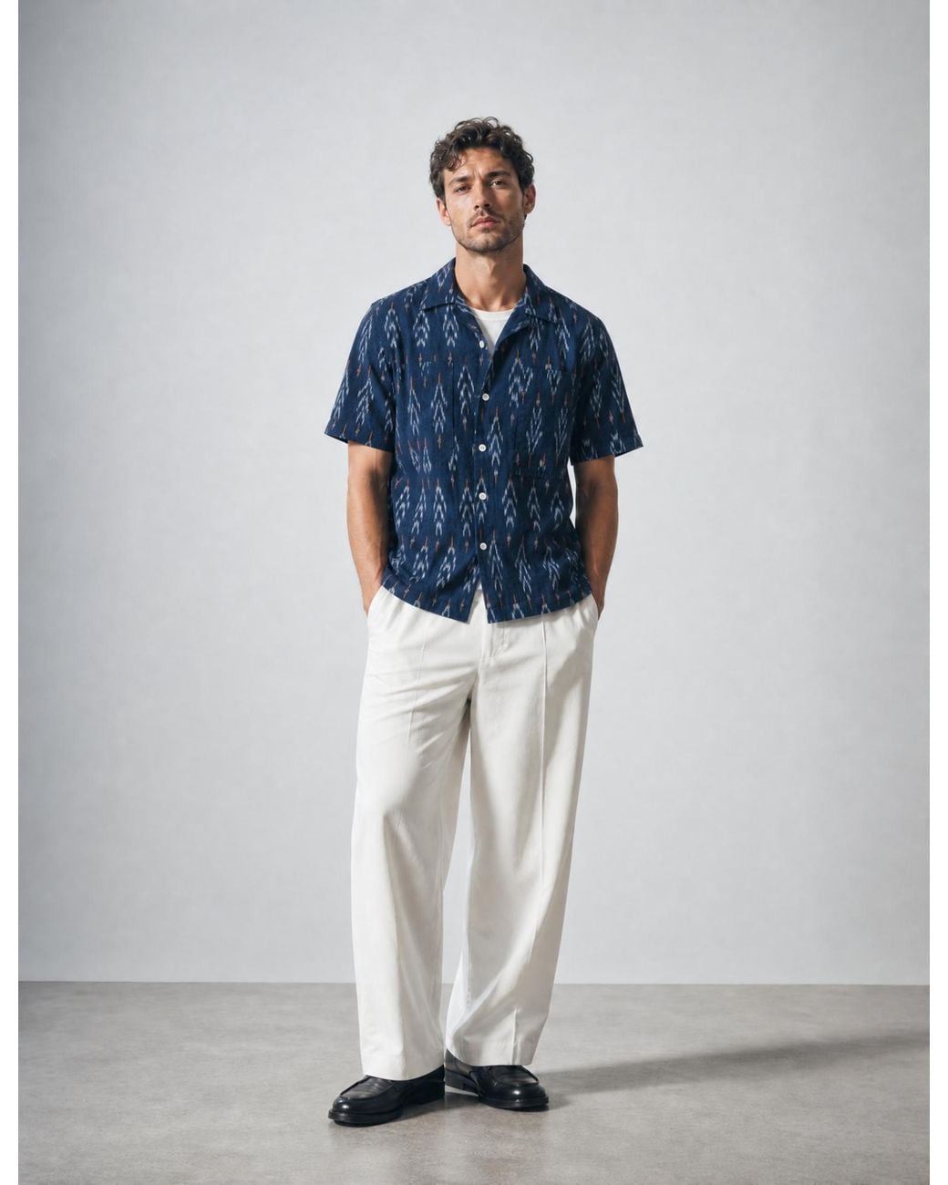 BHODE Blue Ikat Short Sleeve Shirt (Hand Loom) for men