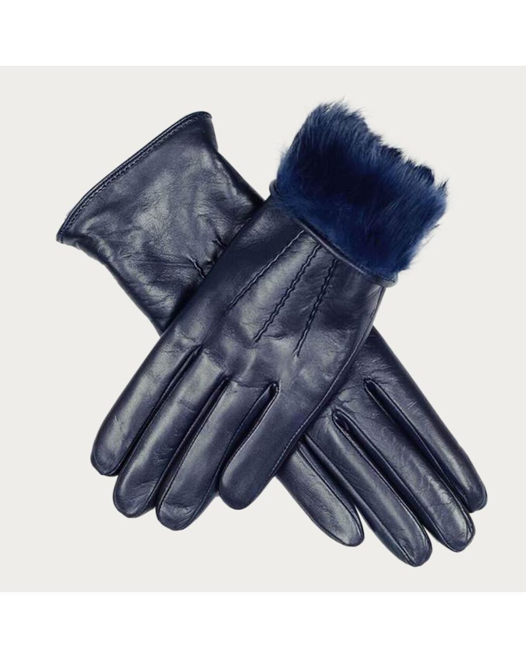 Black Ladies Navy Blue Rabbit Fur Lined Leather Gloves | Lyst