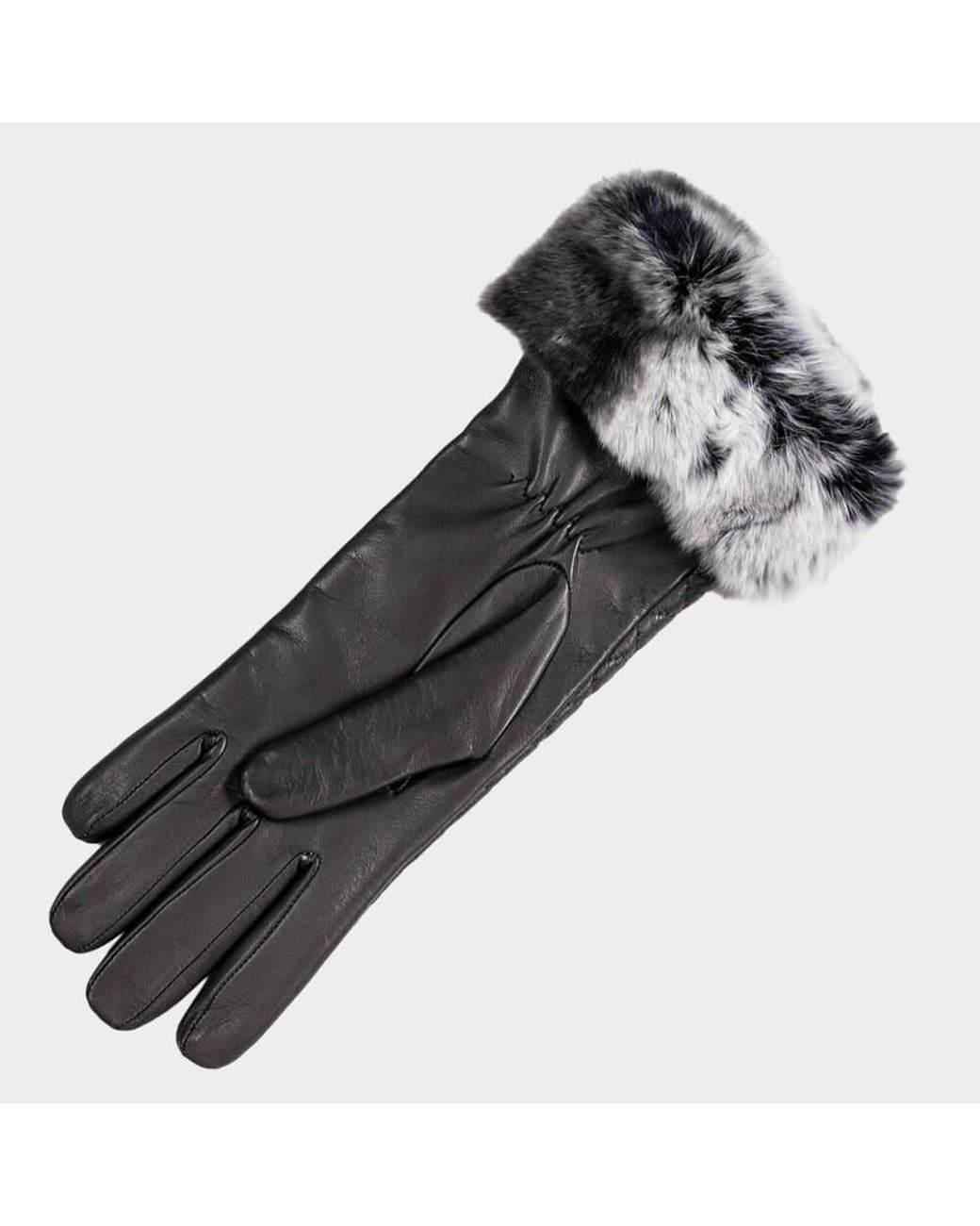 Black Accessories Black Pewter Quilted Leather Gloves With Rabbit Fur Cuff