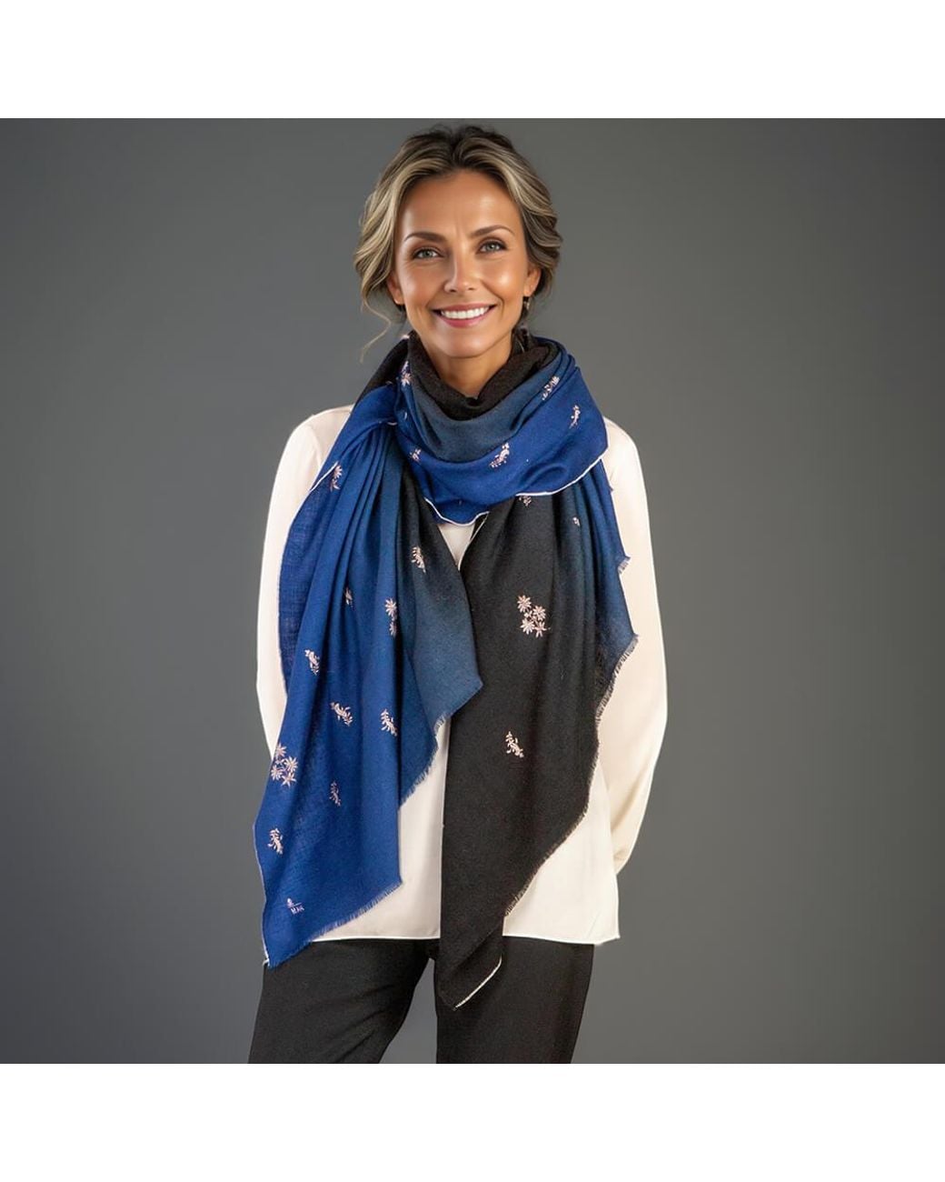 Black Accessories Blue Hand Embroidered Pashmina Shawl