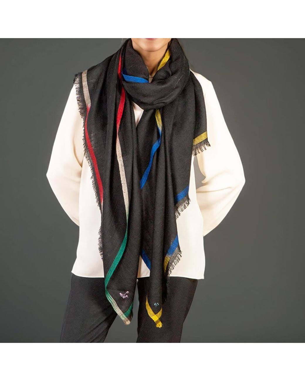 Black Accessories Multicolor Ikat Edged Pashmina Cashmere Shawl