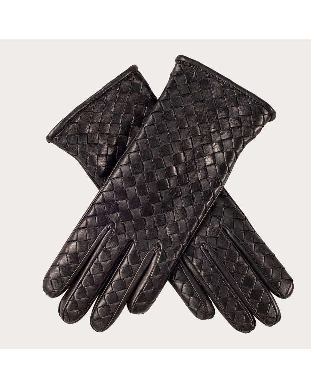 Black Accessories Blue Woven Cashmere Lined Leather Gloves