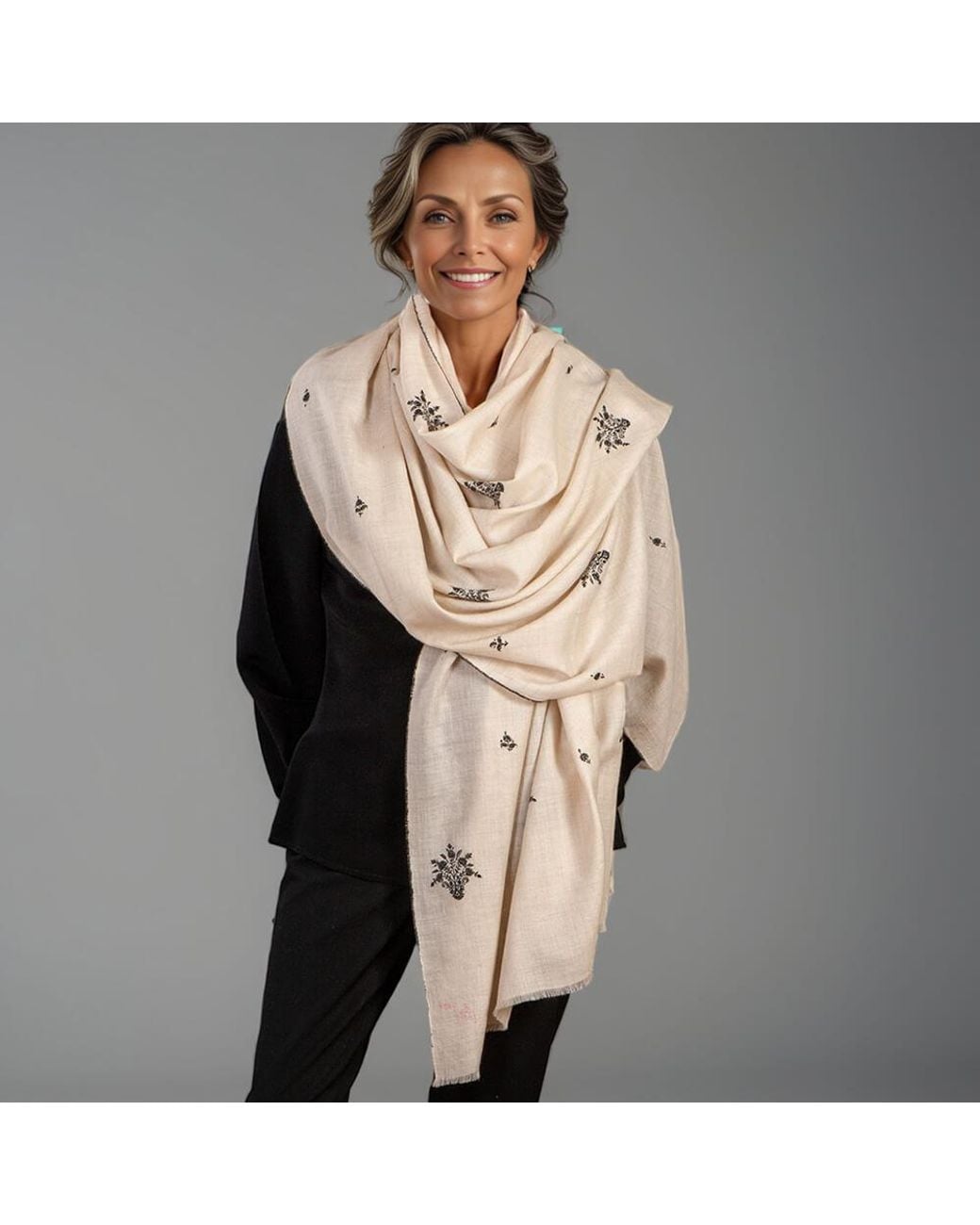Black Accessories Natural Hand Embroidered Pashmina Shawl