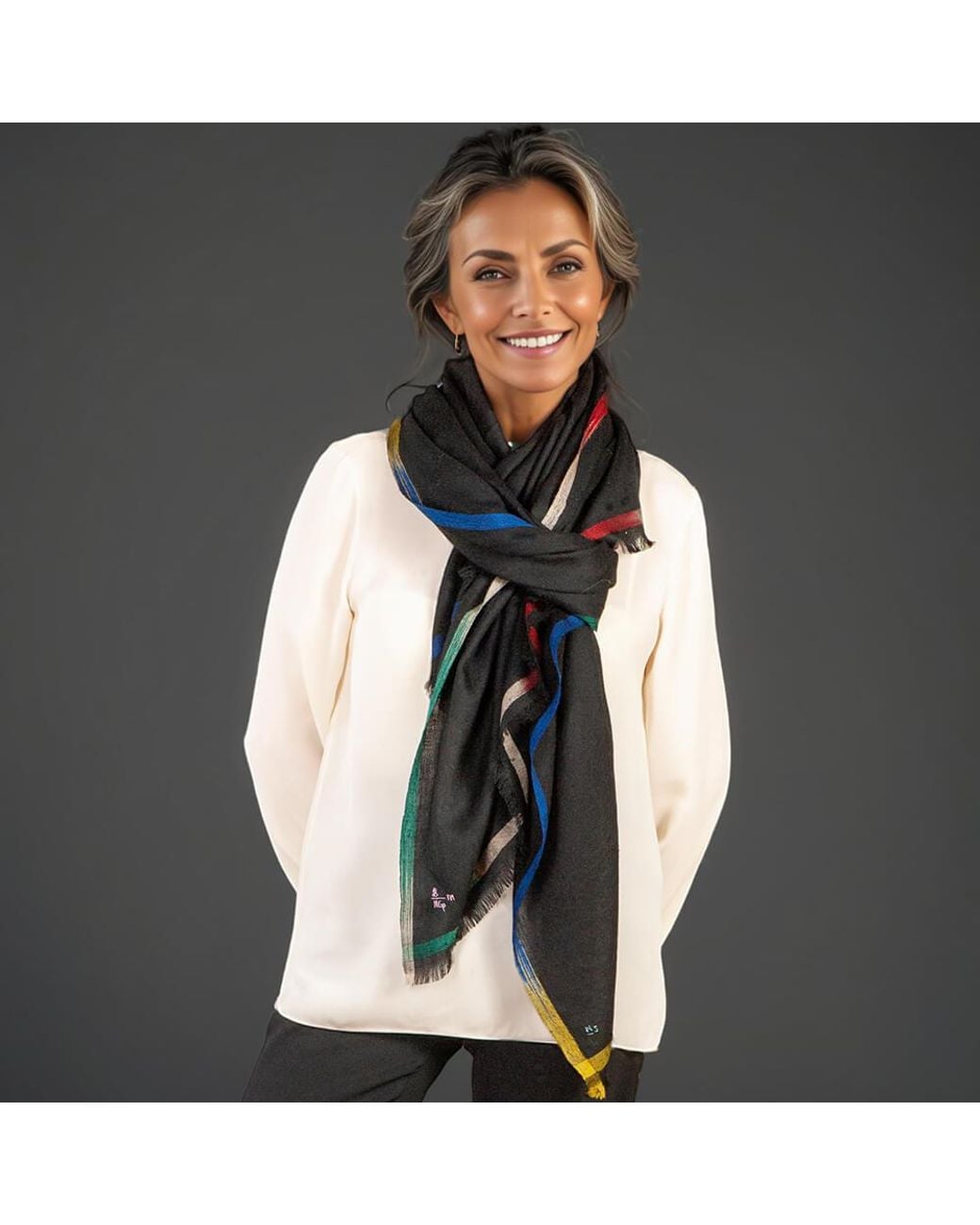 Black Accessories Multicolor Ikat Edged Pashmina Cashmere Shawl