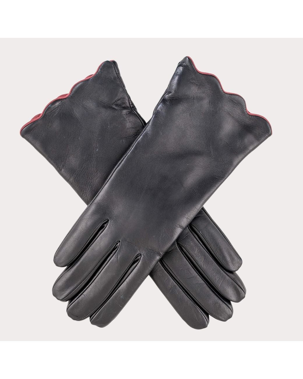 Black Accessories Gray Ladies' Scalloped Cuff Cashmere Lined Leather Gloves