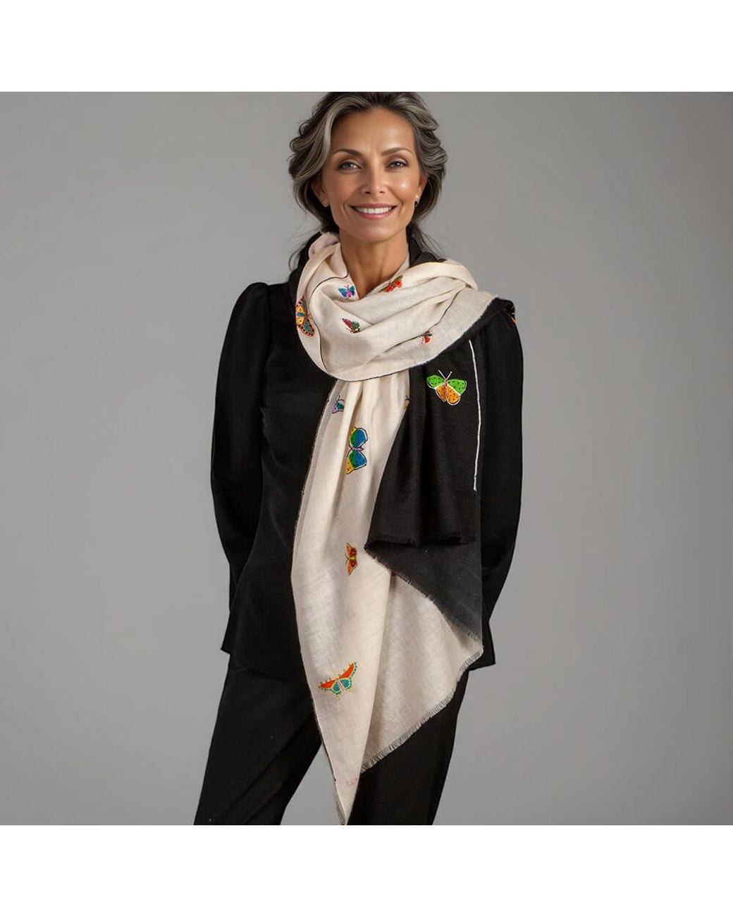 Black Accessories Black Hand Embroidered Pashmina Shawl