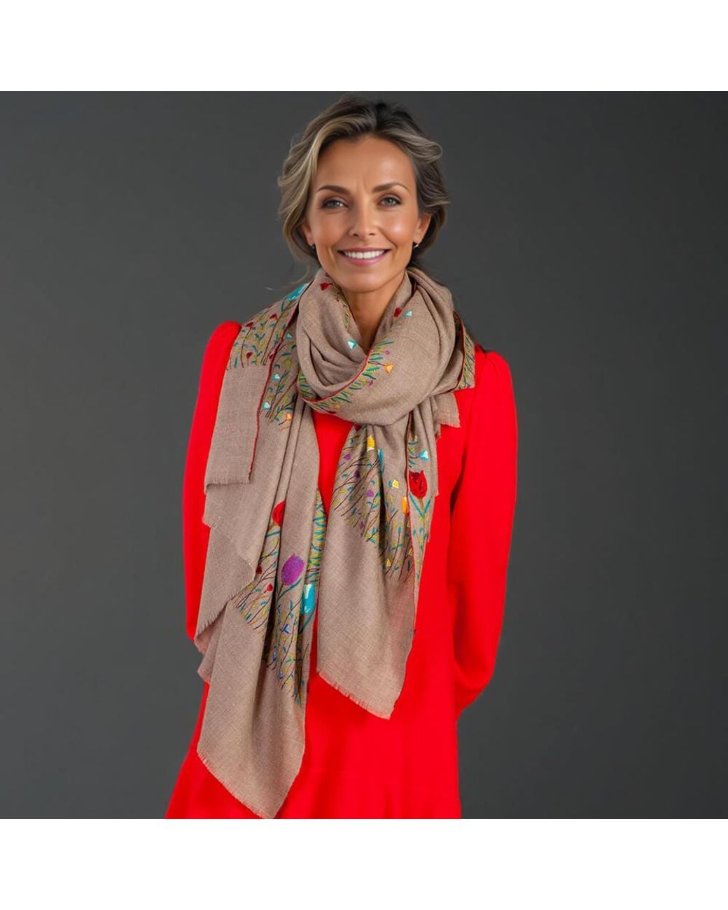 Black Accessories Brown Hand Embroidered Pashmina Shawl