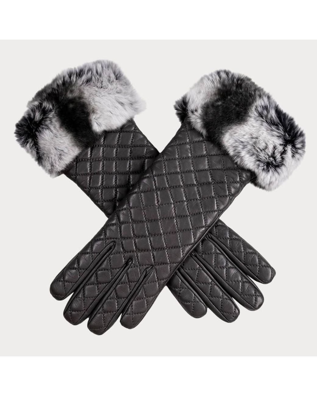 Black Accessories Black Pewter Quilted Leather Gloves With Rabbit Fur Cuff