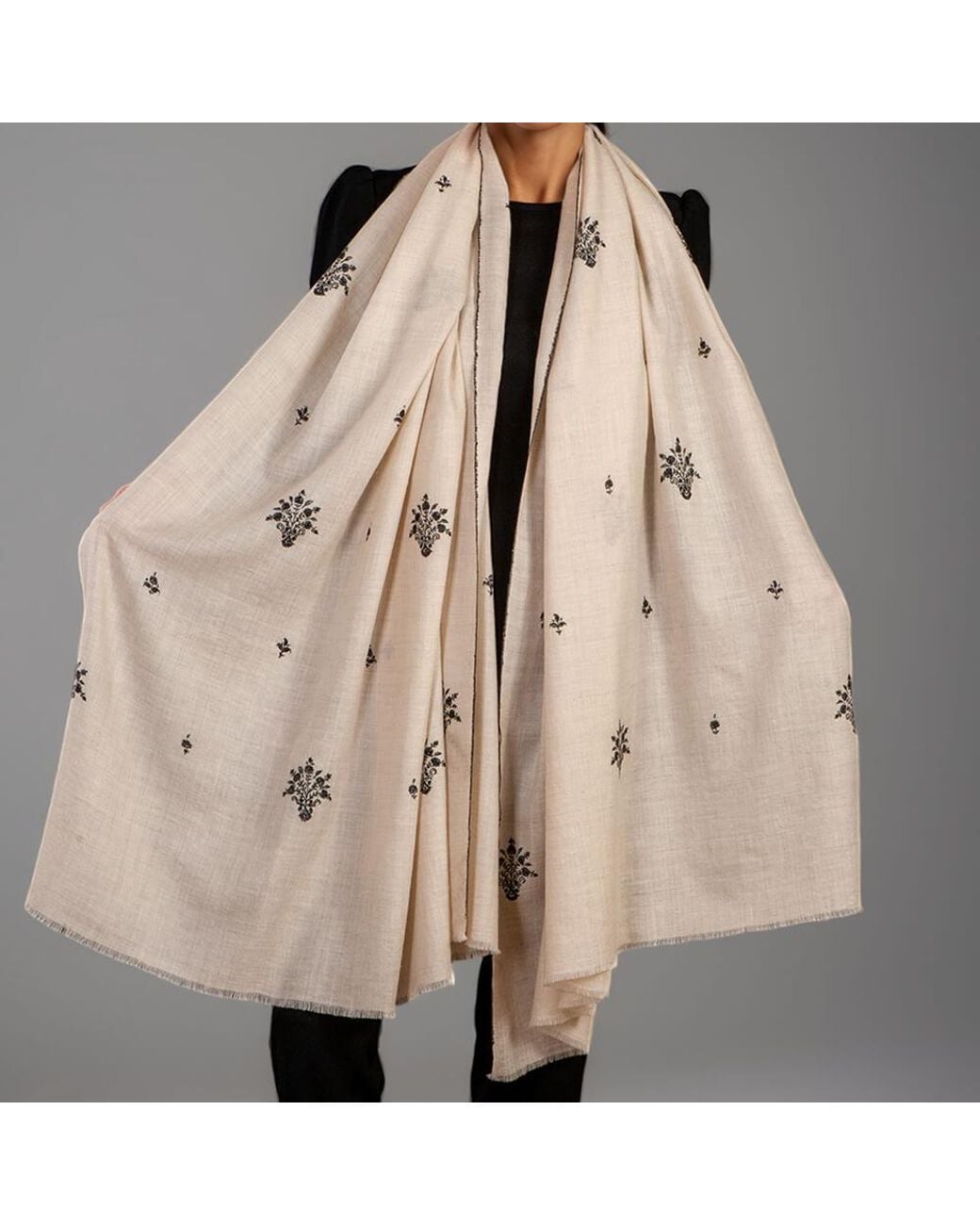 Black Accessories Natural Hand Embroidered Pashmina Shawl