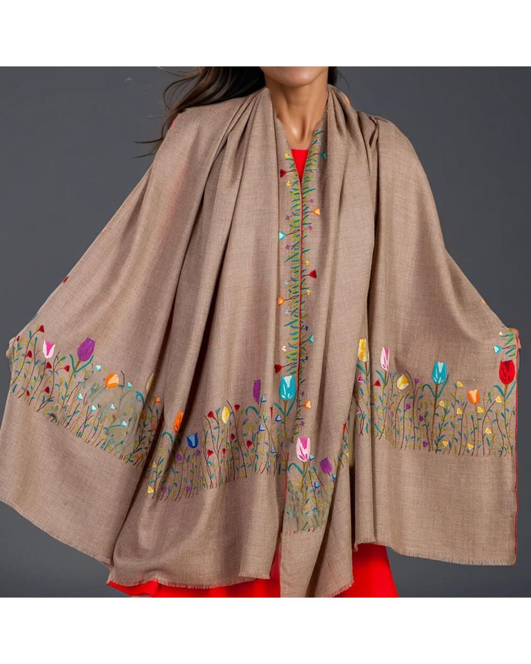 Black Accessories Brown Hand Embroidered Pashmina Shawl