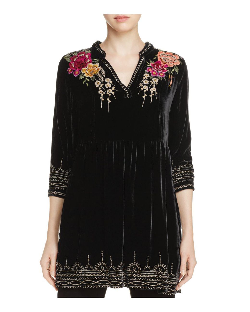 Johnny Was Embroidered Floral Velvet Tunic Top in Black Lyst