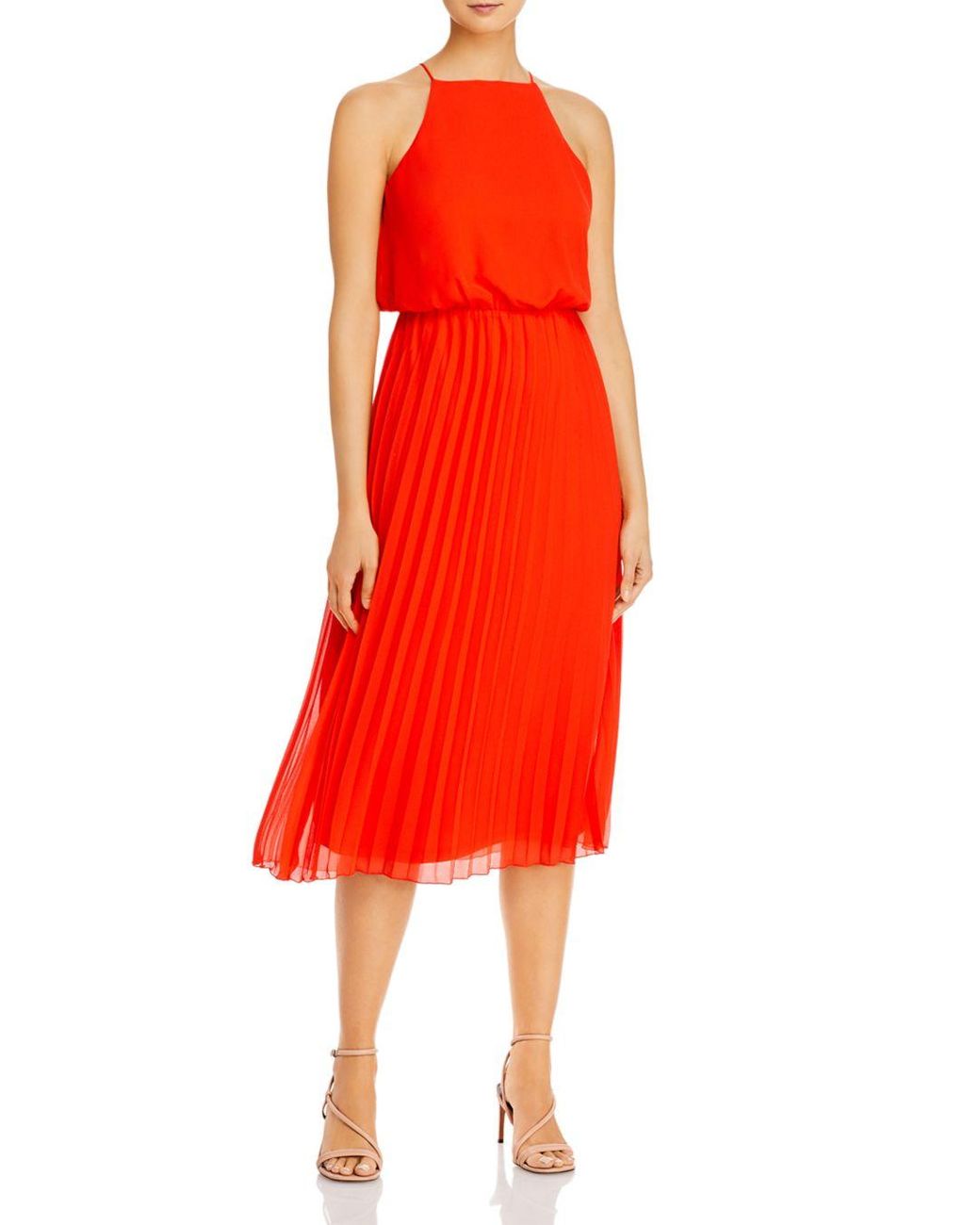 Sam Edelman Blouson Pleated Skirt Midi Dress in Red | Lyst